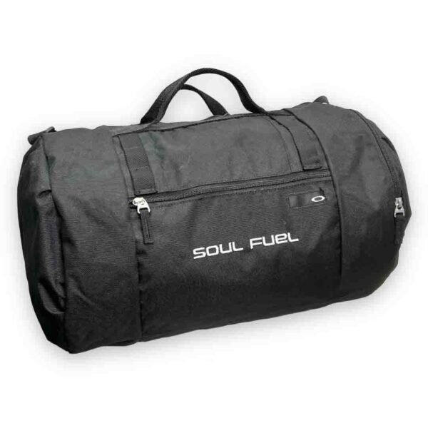 Black 30L duffel bag with Soul Fuel embroidered logo