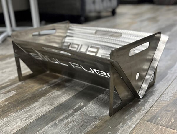 Stainless steel fire pit with Soul Fuel logo right angle